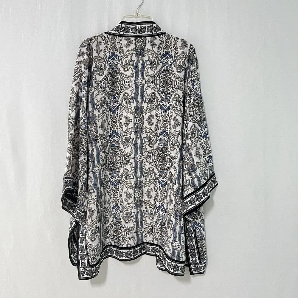 Max Studio Kimono Cardigan Large Black Blue Paisley Open Front Boho - Picture 7 of 9